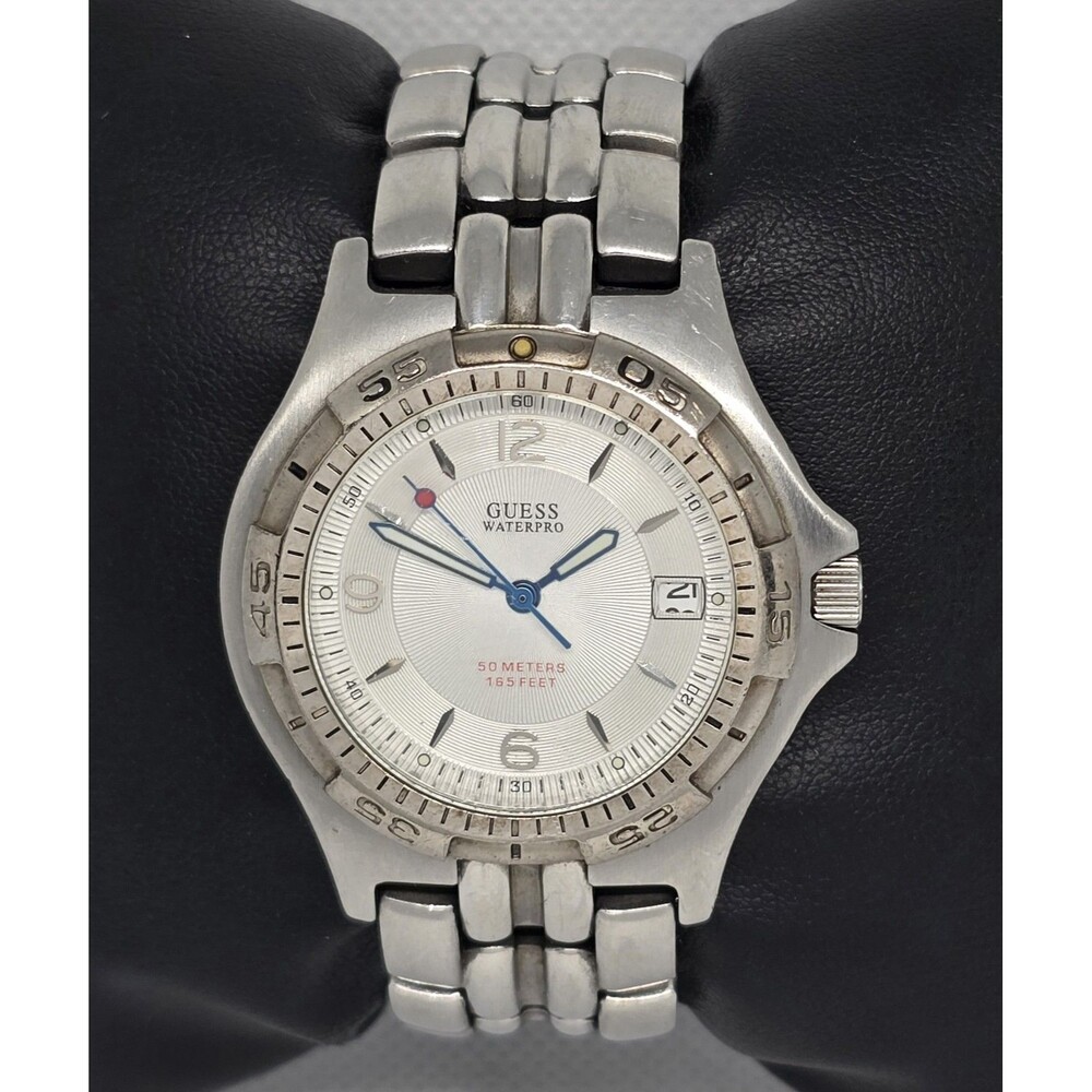 Men's Guess Waterpro Rotating Bezel Date Silver Tone Case Bracelet Watch 13